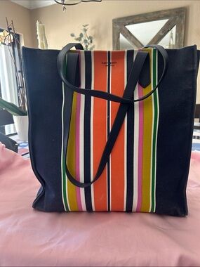 kate spade Navy Canvas Tote with Multicolor Vertical Stripes